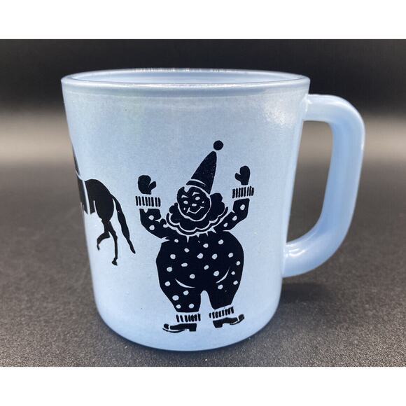 MCM 1950’s Blue Circus Theme Childs Handled Mug Clowns Vintage Glass - Picture 1 of 8